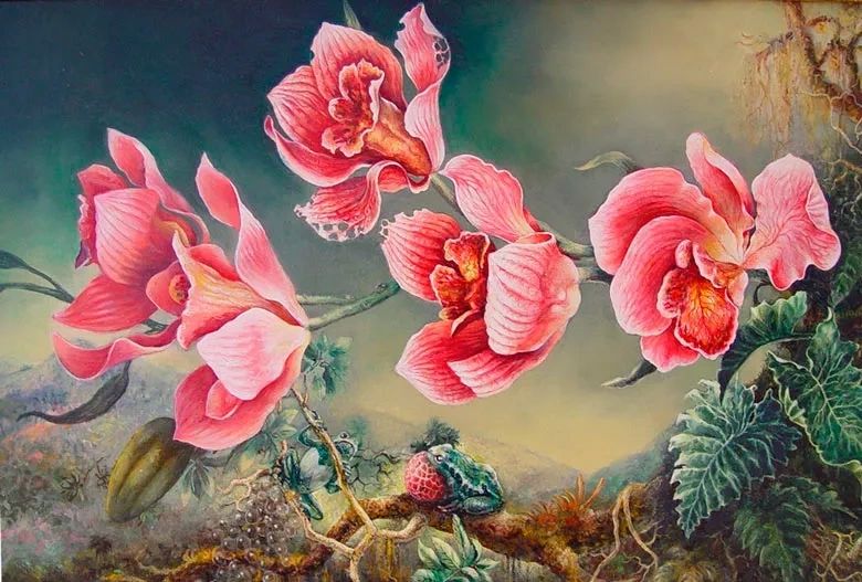 Oil painting of orchid and frogs against misty tropical background. Inspiration Martin Johnson-Heade