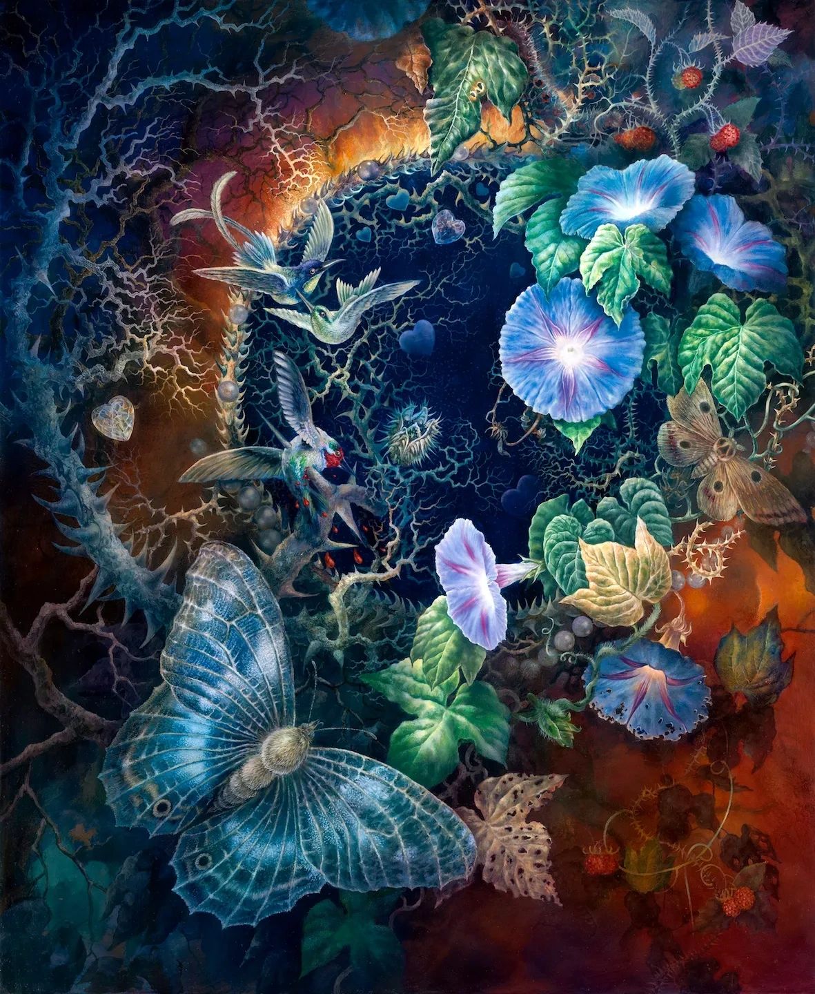 Painting. Blue morning-glory flowers. Huge blue moth. Hummingbirds. Fine painted detail. Colorful