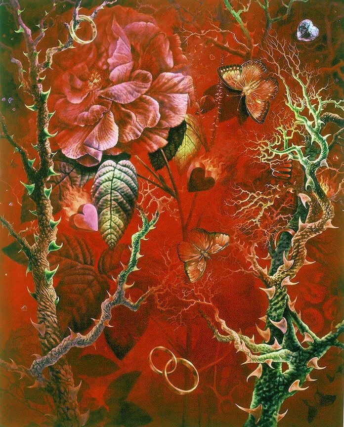 Acrylic painting. Titled after Billy Holiday song "Don't Explain". Rose, thorns, butterflies, rings