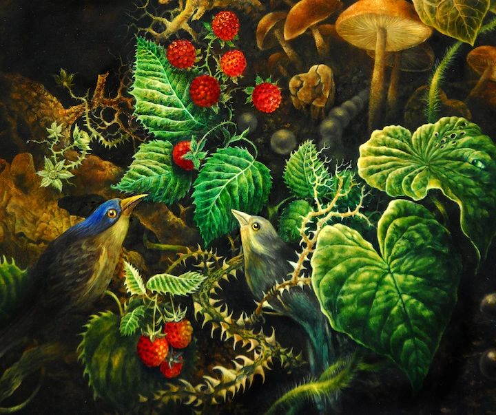 Detail of oil painting. Birds, berries, toadstools. Fine details