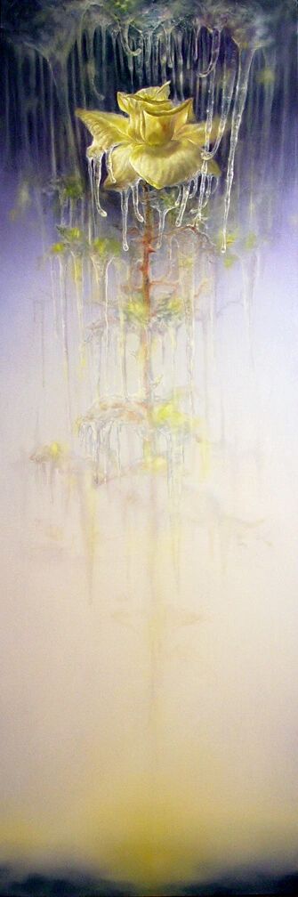 Oil painting of yellow rose, covered in icicles. Reference: Joni Mitchell "Fifty/fifty Fire and Ice