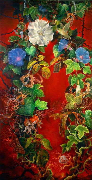 Romantic imagery against fiery sky. Hearts made of thorns. Roses, morning glories