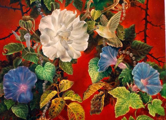 Detail of painting. Rose, hummingbird, morning glories, pearls, dying leaves