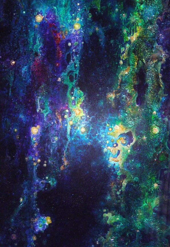 Mixed media painting of an imaginary "goldfish nebula". Layers of clear resin