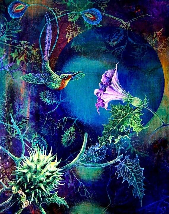 Acrylic painting. Exotic hummingbird approaching poisonous flower. Luminous blues and greens