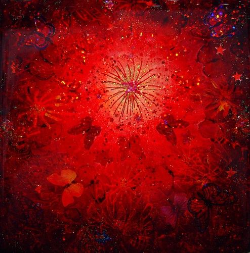 Small mixed media painting on aluminum on panel. Luminous quality
