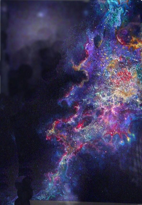 Mixed media painting of an imaginary "scorpion fish nebula". On transparent acrylic box.