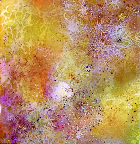 Mixed media painting of an imaginary "star hatchery". Playful materials contrast with cosmic forces