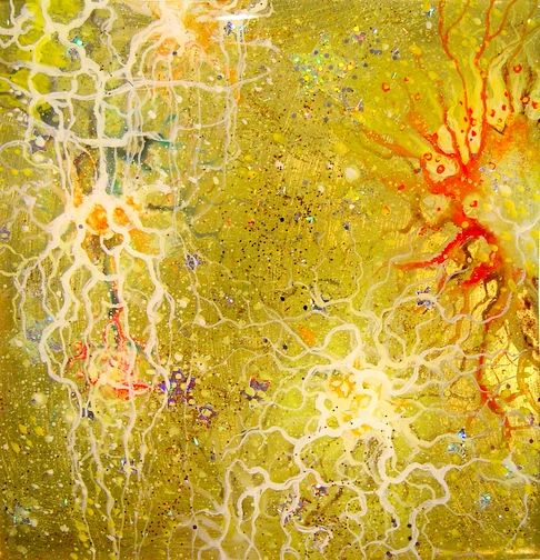 Small mixed media painting on wood panel covered in aluminum. Layers of clear resin. Nebula