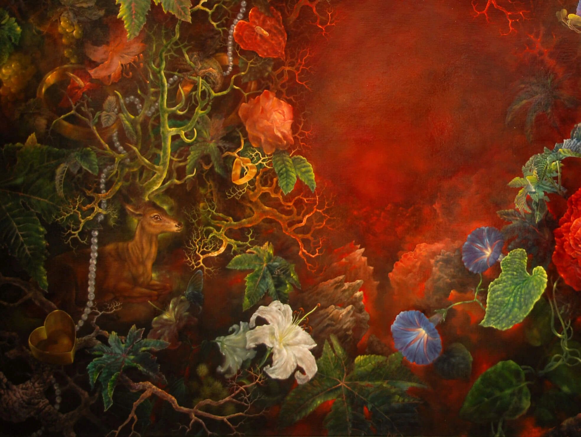 Detail of oil painting. Deer growing green antlers. Pearls, roses, morning glories