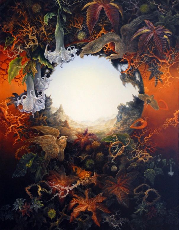 Oil painting contrasting turmoil and peace. Angels trumpets, birds, goldfish