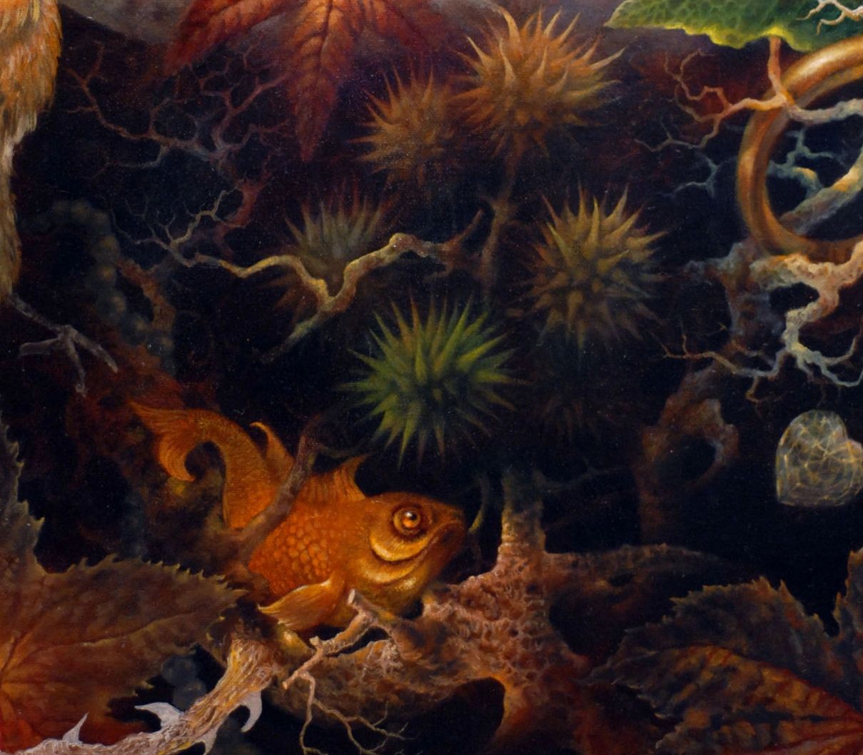 Oil painting. Goldfish out of context. Very detailed artistic rendering