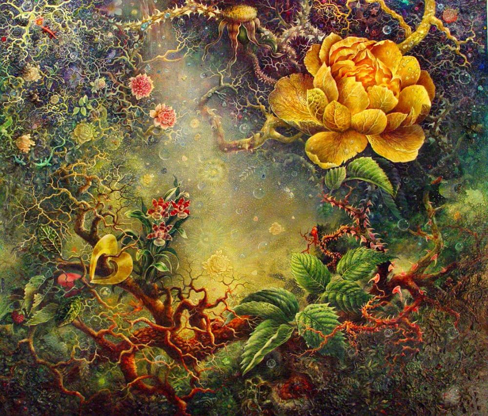 Painting. Dangerous-looking rose. Love symbols subverted. Threatening atmosphere