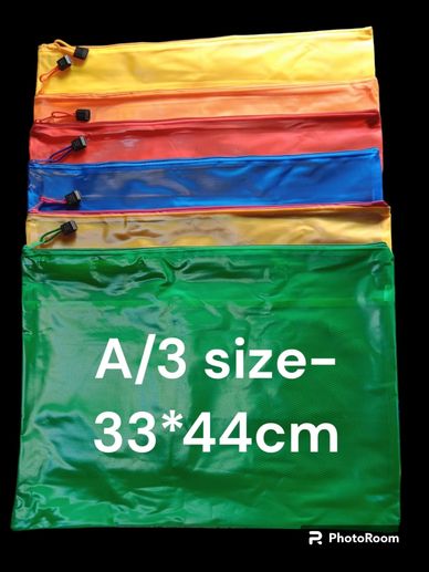 Colorful A3 size zipper pouches in various colors.