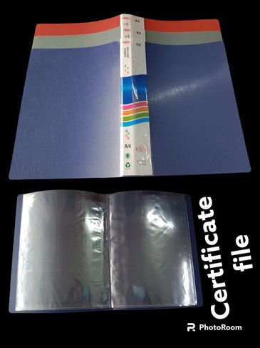 Colorful A4 display book with transparent certificate file sleeves.