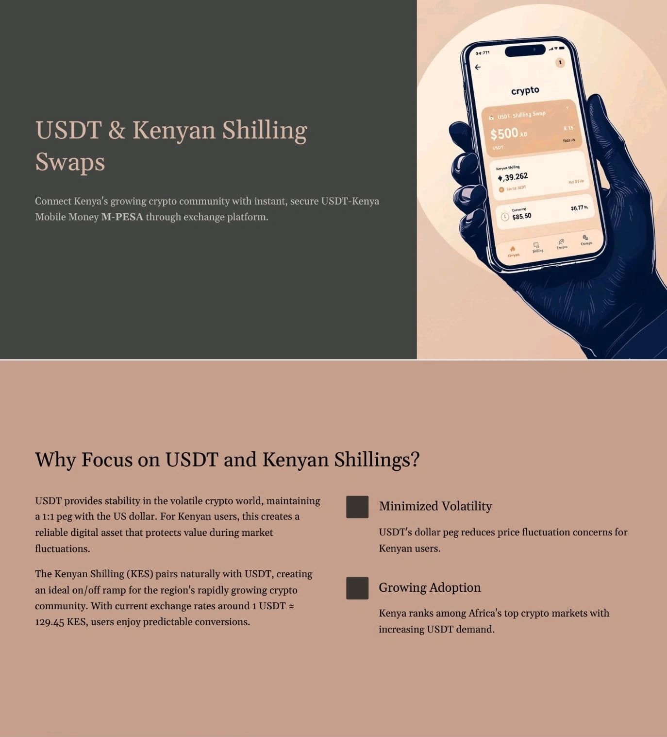 Promoting USDT and Kenyan Shilling swaps via M-PESA for secure crypto transactions in Kenya.