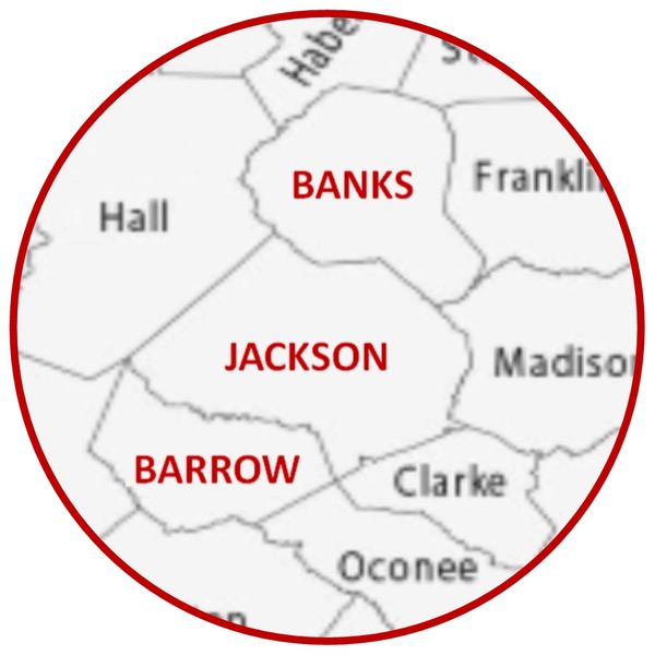Map of Georgia counties highlighting service area Barrow, Jackson, and Banks.