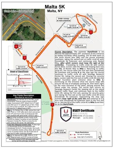 Map and details of the Malta 5K race route in Malta, NY.