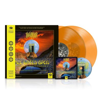 Music album packaging with orange vinyl records, a CD, and cover art of a door under a large moon.