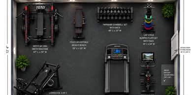 Top-down view of a gym layout with labeled equipment.