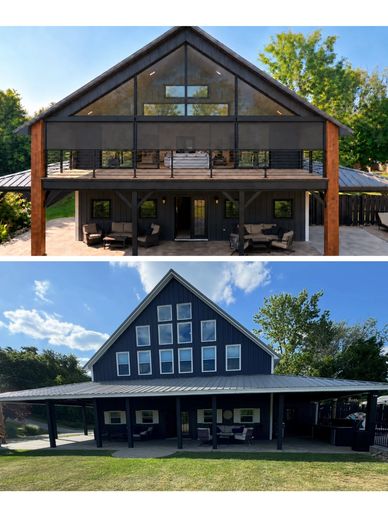 Modern two-story house with large glass panels and a covered patio.