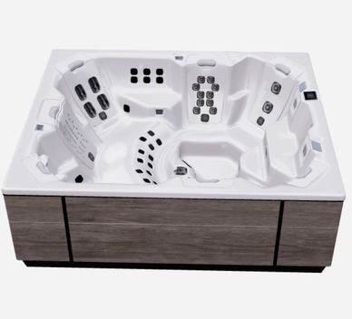 Modern white hot tub with multiple seating areas and jets.