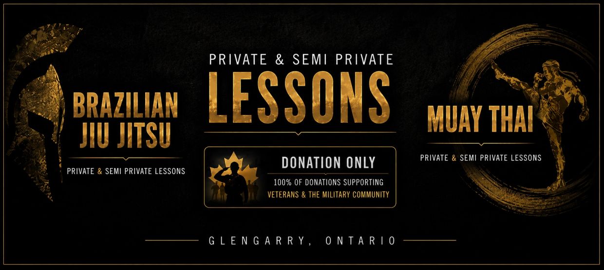 Private and semi-private Brazilian Jiu Jitsu and Muay Thai lessons in Glengarry, Ontario.