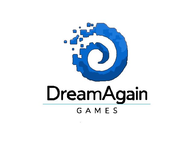 Logo of DreamAgain Games with a blue spiral design and pixelated effect.
