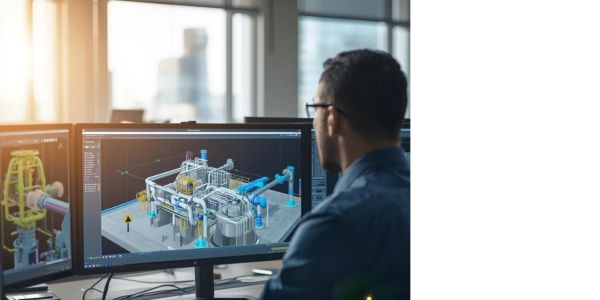 Engineer reviewing 3D industrial design on computer screens.
