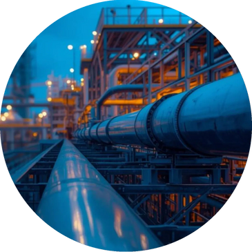 Industrial pipelines at a refinery during twilight.