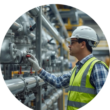 Engineer in safety gear adjusting machinery valves in an industrial plant.