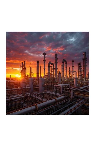 Oil refinery with sunset and dramatic clouds.