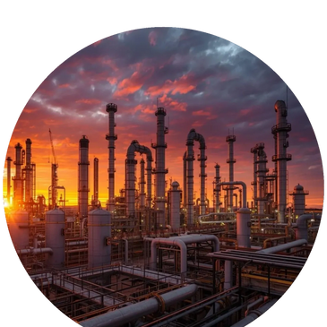 Industrial refinery with tall towers under a dramatic sunset sky.
