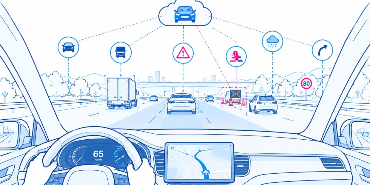Car dashboard showing smart driving assistance features.