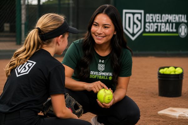 Coach teaching a young softball player on the field with a softball in hand.