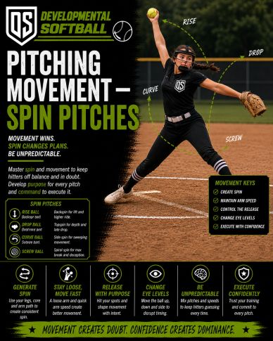 Softball pitcher demonstrating spin pitch techniques and key movement tips for effective pitching.