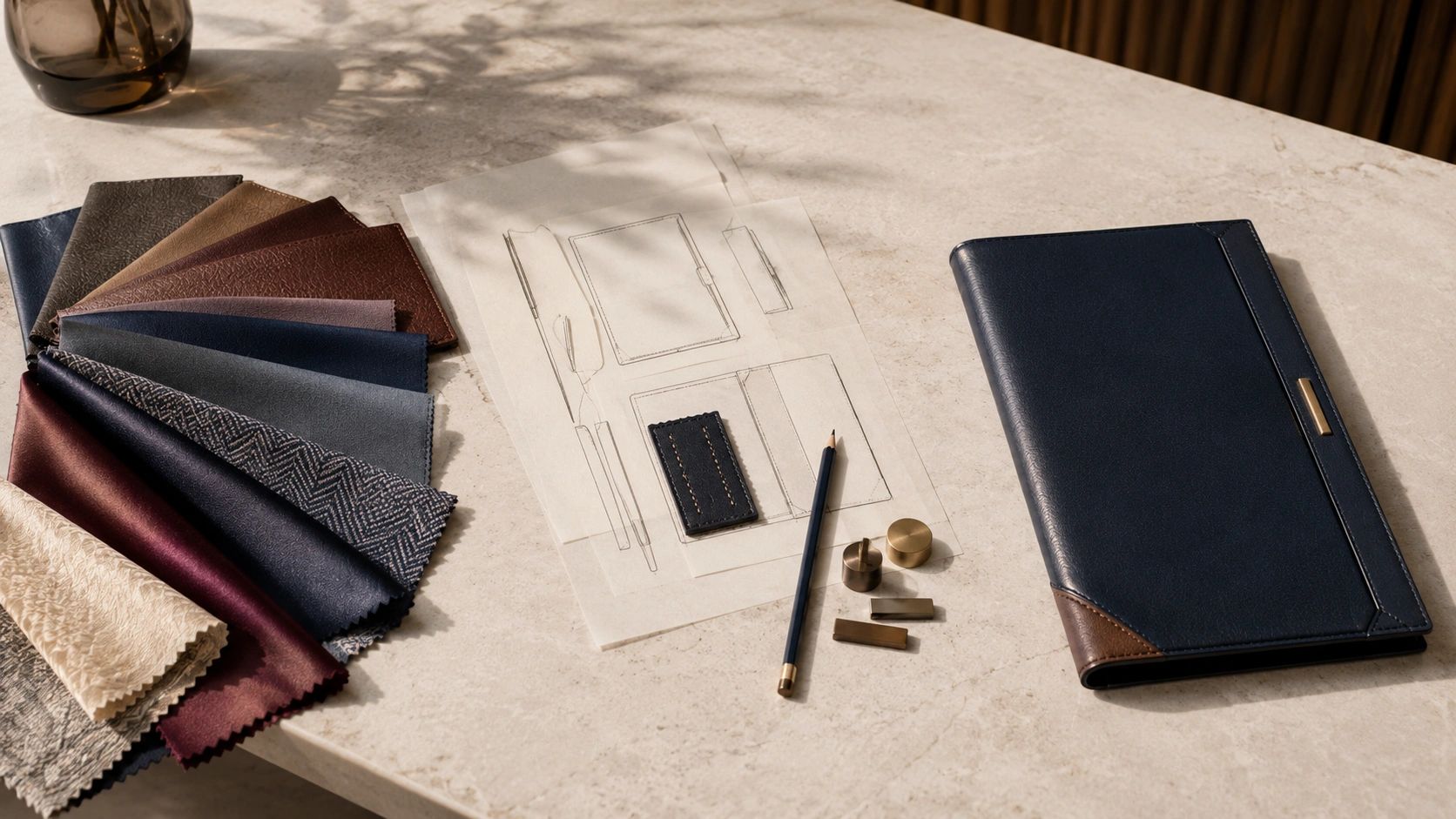 Leather and textile selection, product sketches and bespoke leather folder developed by NUNO Leather