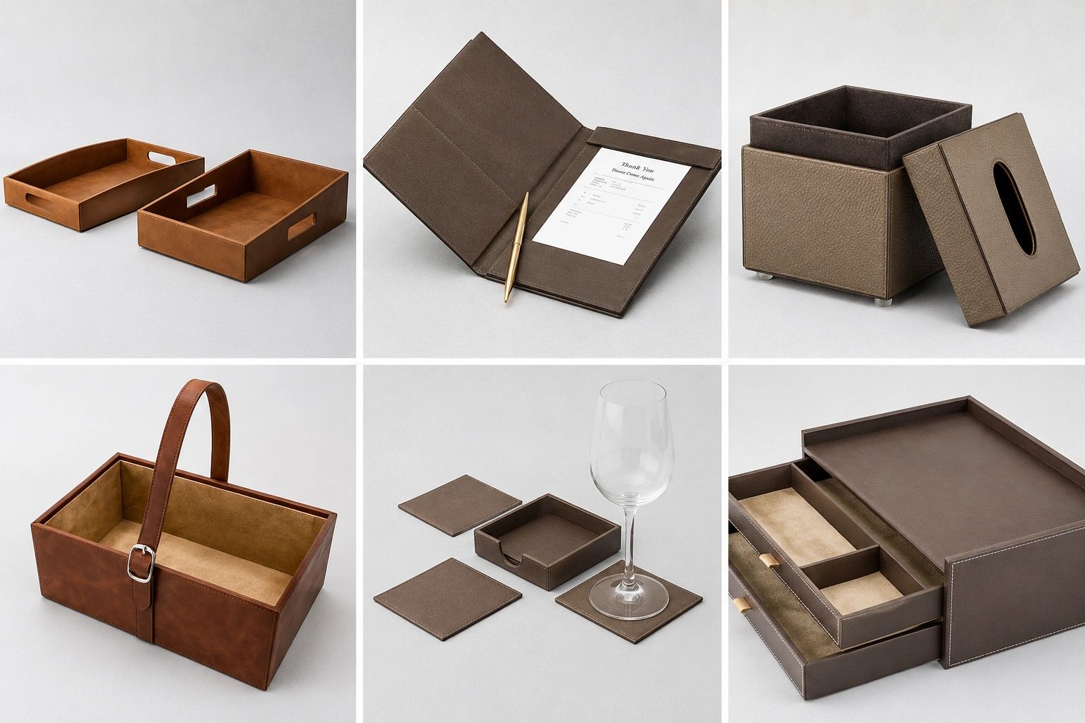 Custom leather trays, bill folder, tissue box, amenity basket and presentation box for hotels.