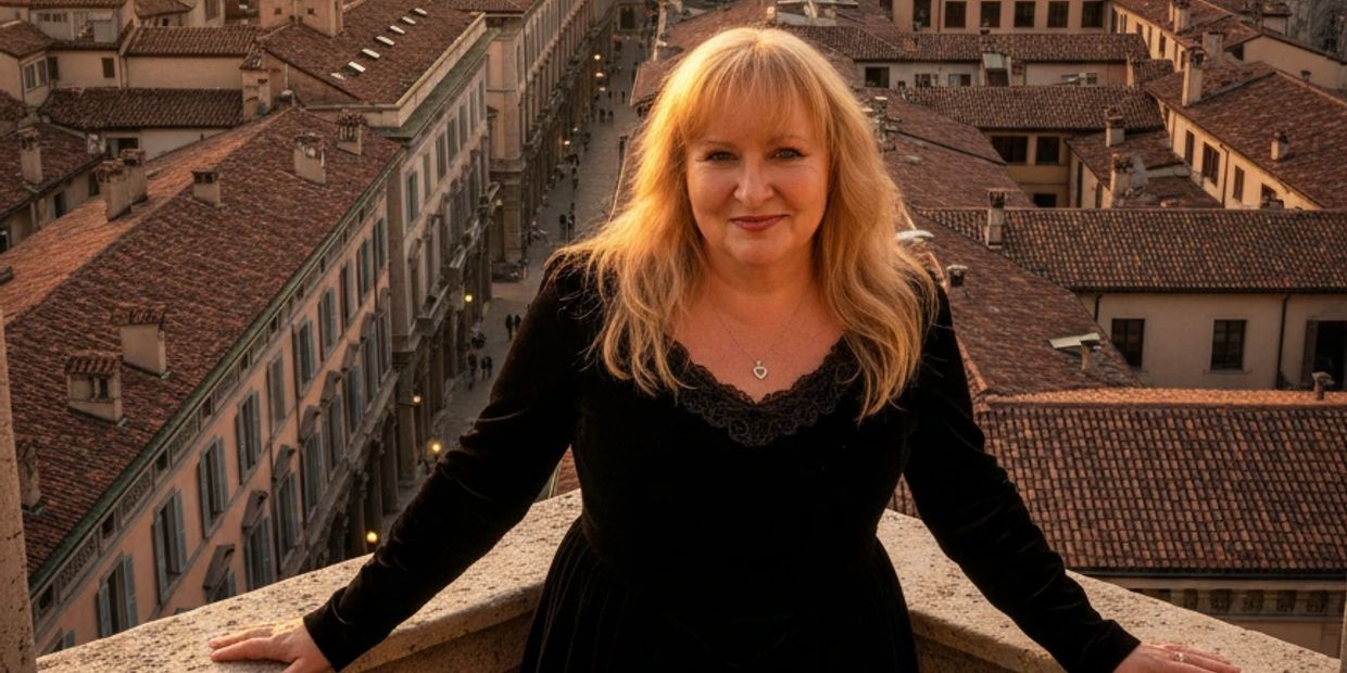 Woman in black dress posing on a rooftop with historic cityscape behind her.