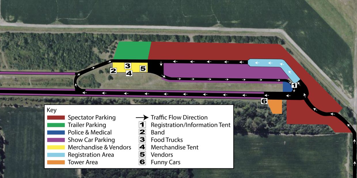 Map of event parking and layout with traffic flow directions.