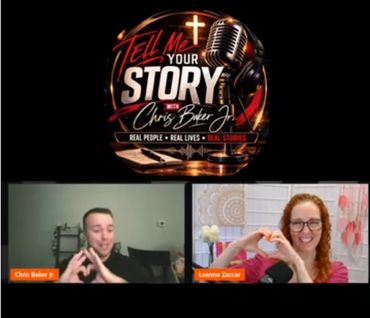 Leanne Zaccar speaking on a podcast called tell me your story, Holding up heart hands and laughing