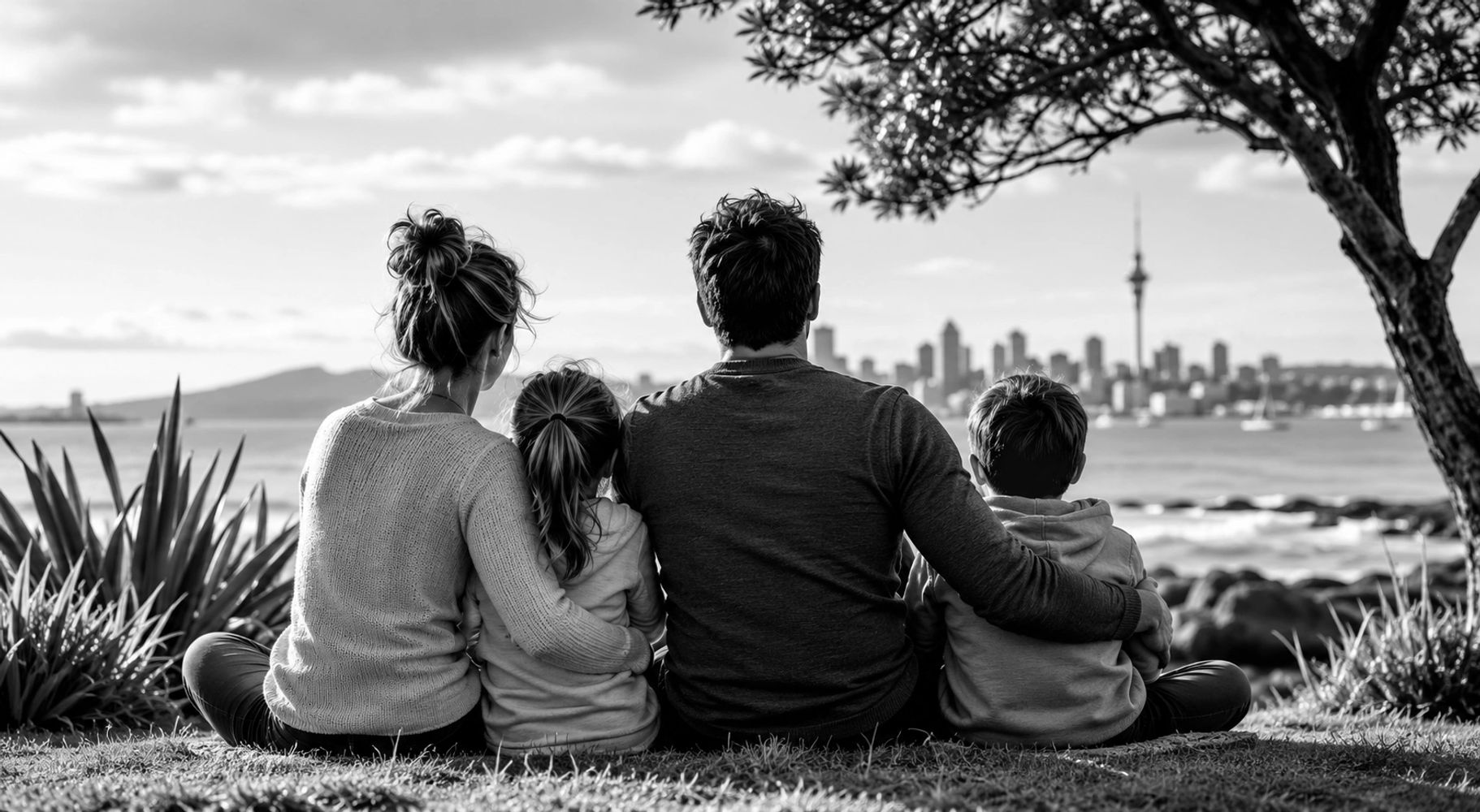 Family sitting by the waterfront, overlooking the city skyline.