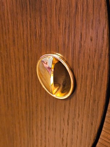 Close-up of a golden circular door handle.