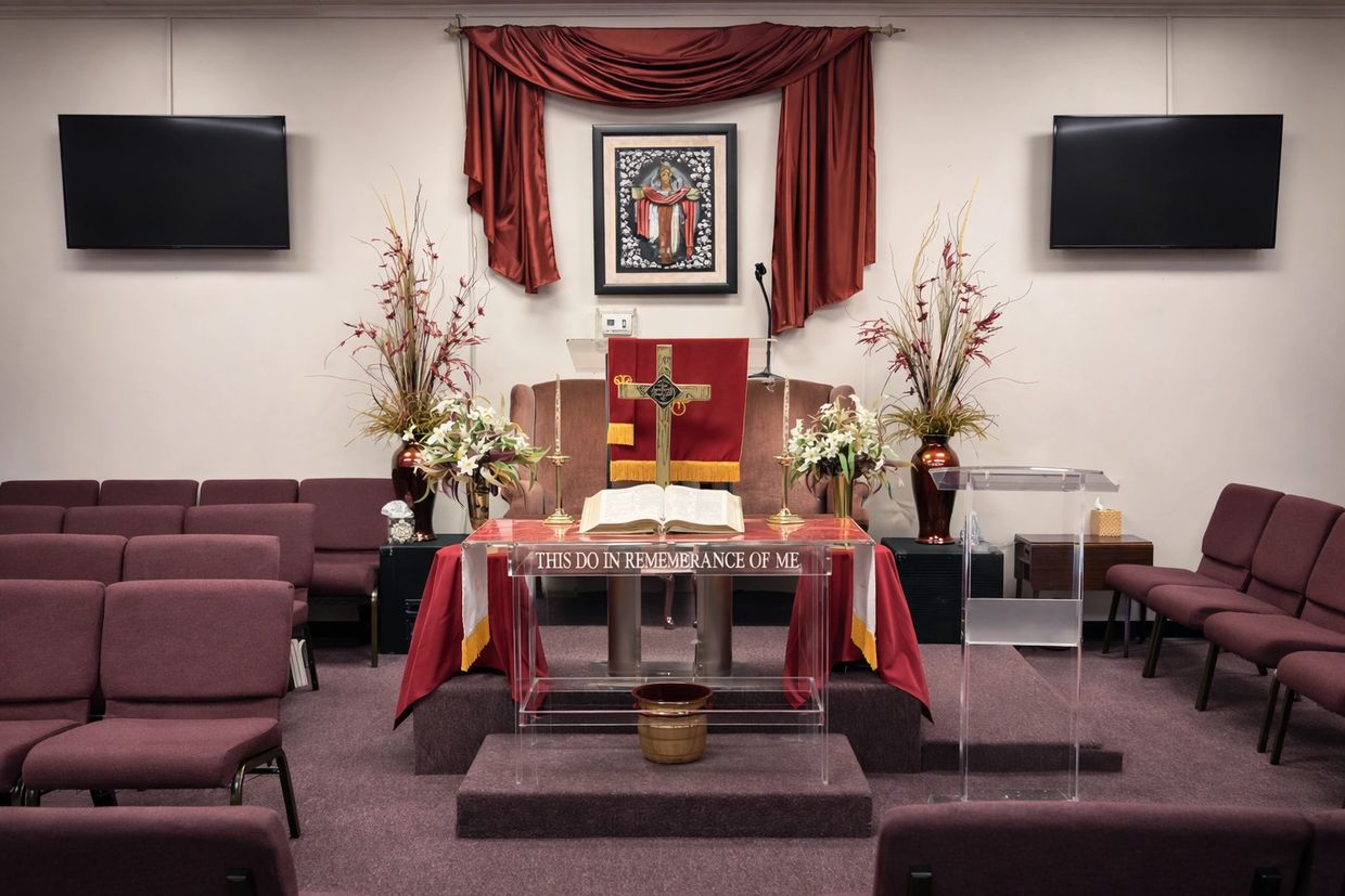 Interior of a church altar with a cross, Bible, and decorations.
