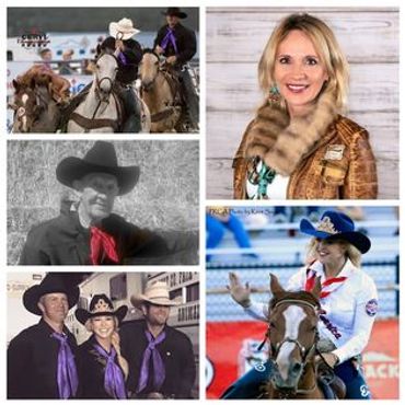 Collage of cowboys and cowgirls in western attire, some riding horses and others posing.