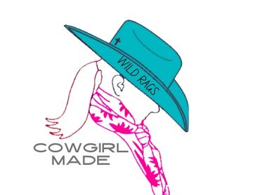 Stylized cowgirl profile with turquoise hat and pink scarf, labeled 'Wild Rags' and 'Cowgirl Made'.