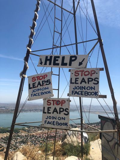 Sign above Lake Elsinore Opposed to LEAPS.