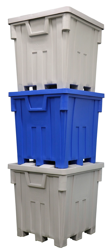 Stacked plastic storage bins in gray and blue colors.