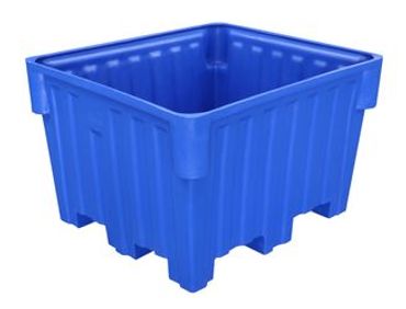 Blue plastic storage container with reinforced corners and ribbed sides.