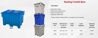 Nesting forklift bins with features and specifications for models 4800 and 4900.